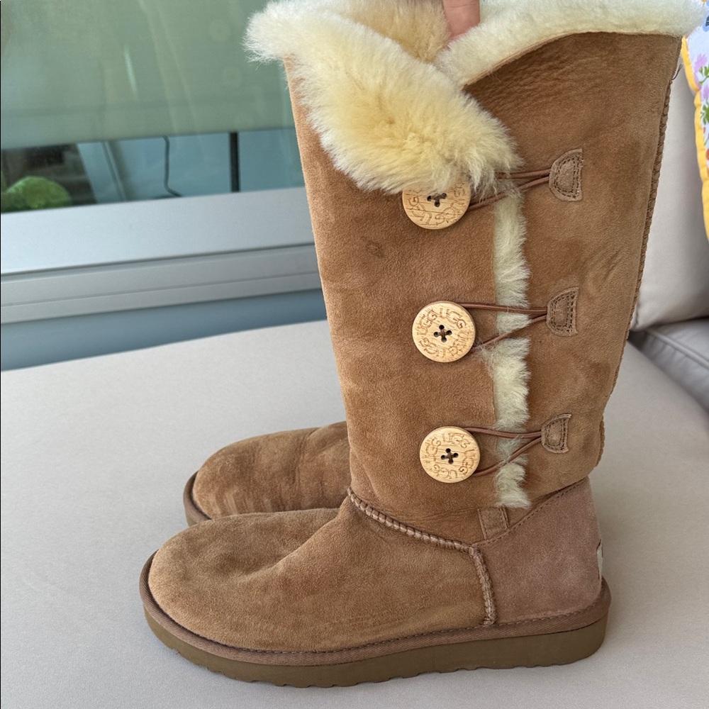 UGG Tan Suede Boots with Shearling Trim